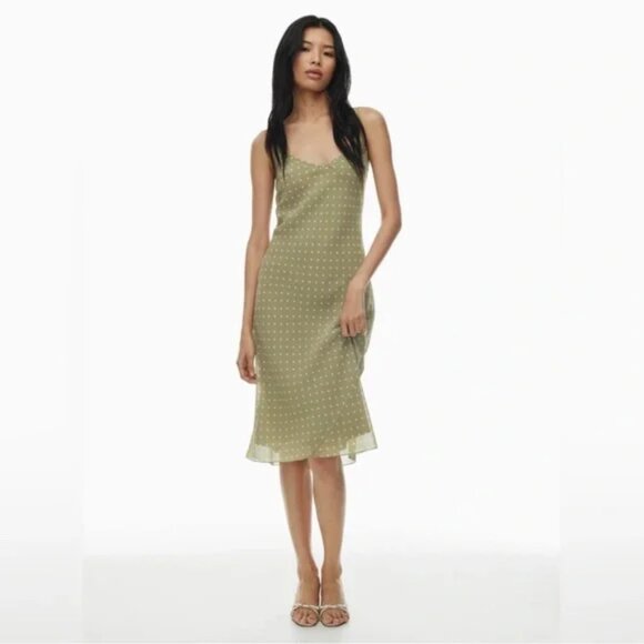 Wilfred (Aritzia) Polka Dot Slip Midi Dress – Sage/Olive + White • XXS - Picture 1 of 4